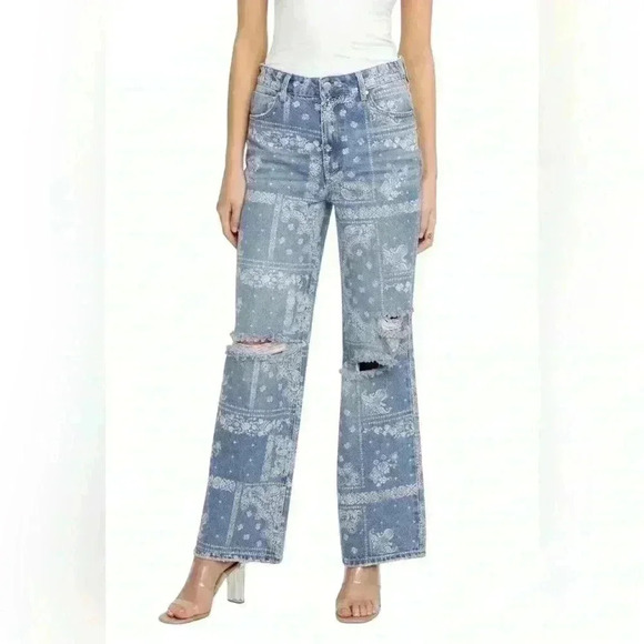 PTCL Denim - PTCL Hazel High Rise Wide Leg Jeans Bandana Patch Print Size 28 NWT